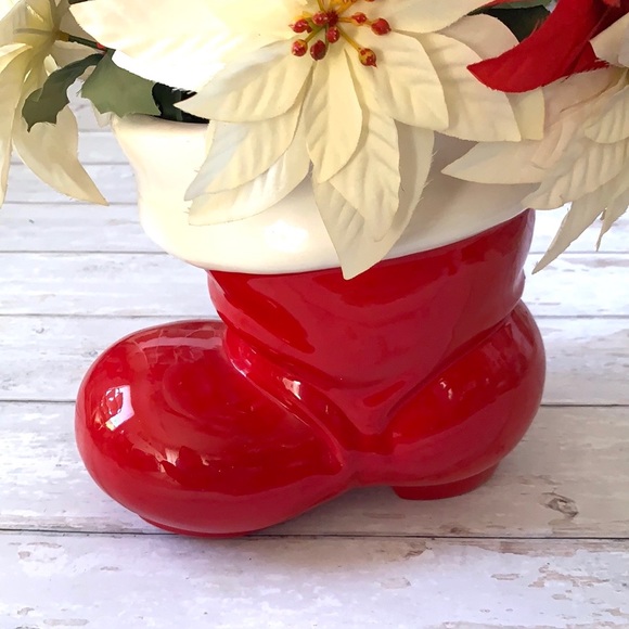 Santa’s Boot Ceramic Christmas Vase & Artificial Poinsettias Flowers Home Decor - Picture 4 of 4